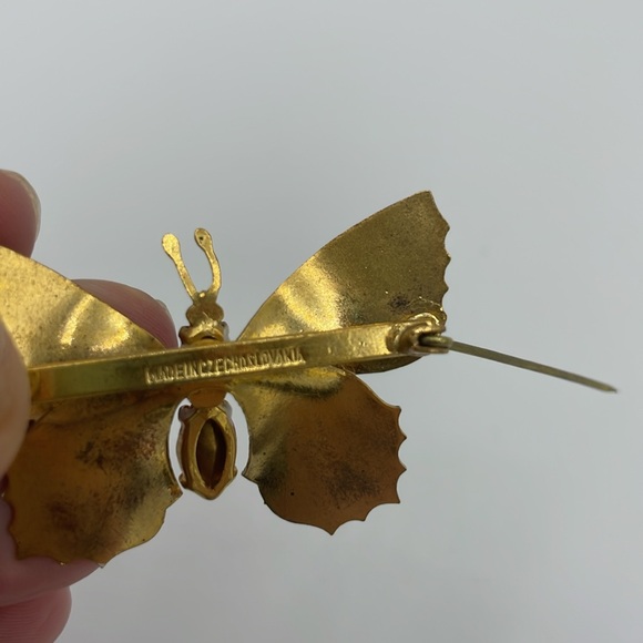 Vintage Czech Hand painted Jeweled Black White and Pink Butterfly Brooch - Picture 5 of 7